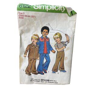 70s Simplicity 6122 Sewing Pattern Size 3 Childs Shirt Jacket Pants Vintage CUT